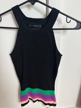 Studio F Black Ribbed Tank Top with Multicolor Stripe Hem